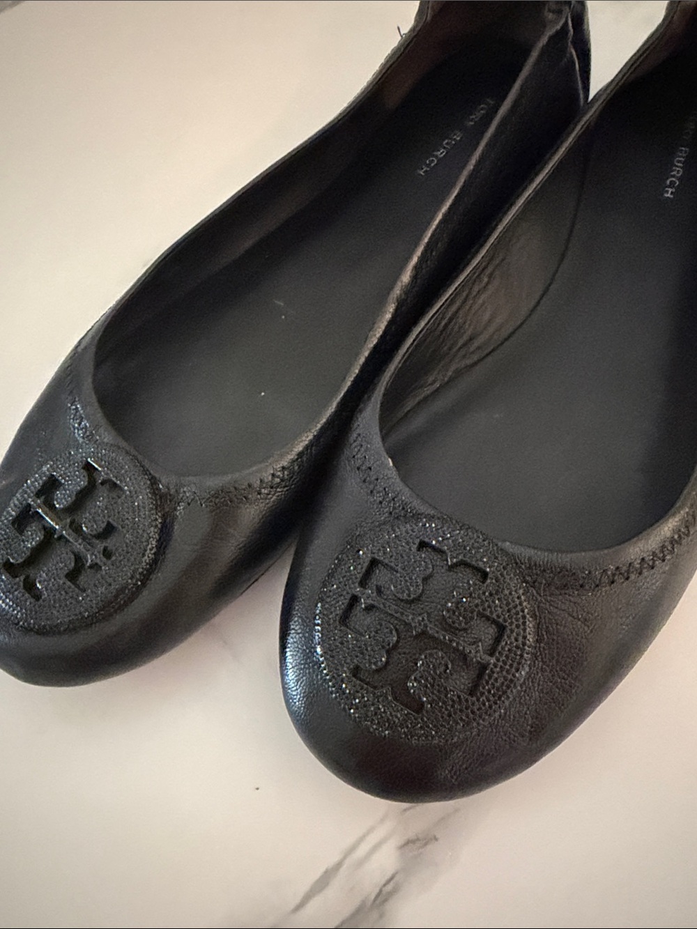 Tory Burch Black Leather Logo Ballet Flats